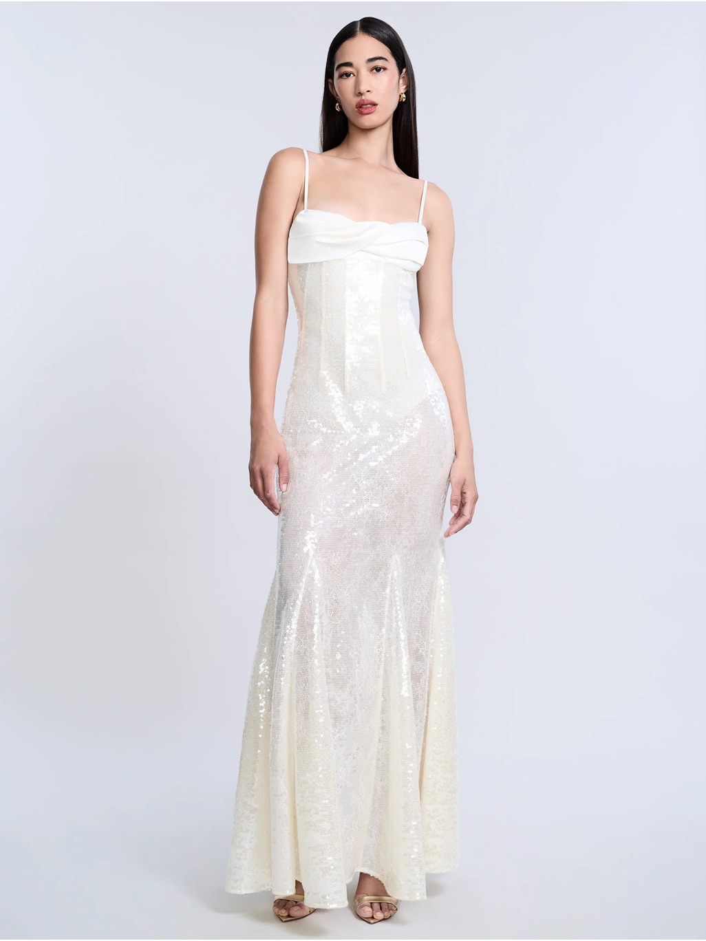 Bcbgmaxazria Ivory Sequin Maxi Gown With Spaghetti Straps